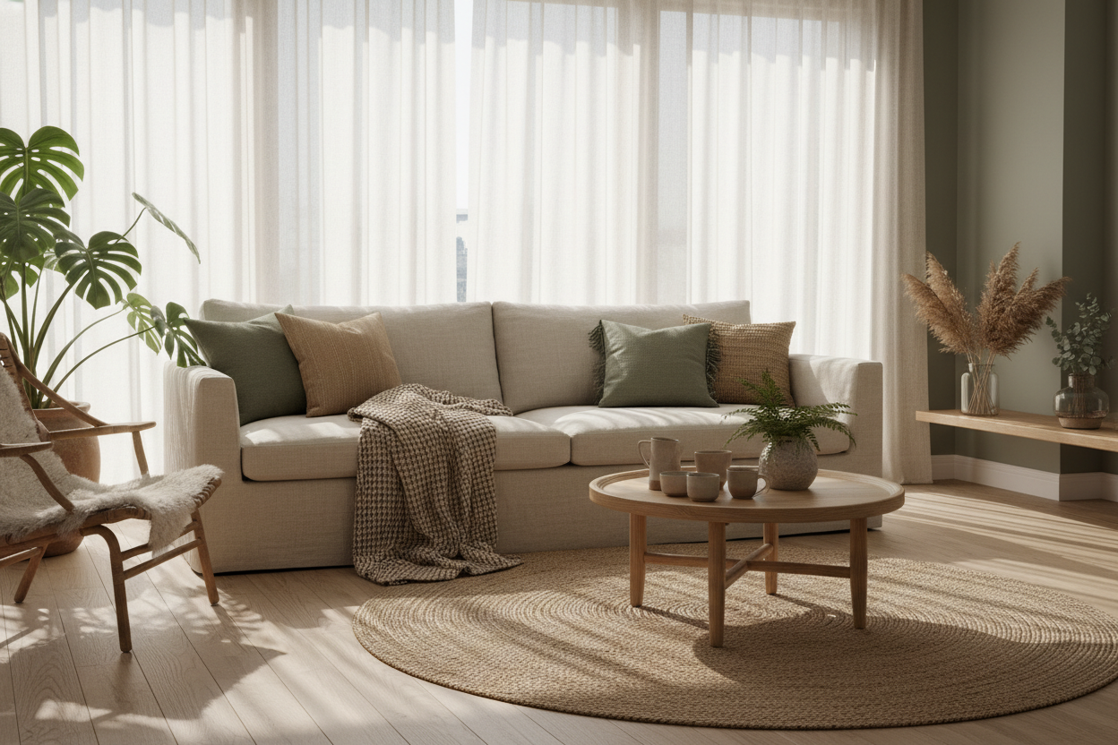 hemtrevlig bakgrund med naturliga material och fräscht på samma gång brun/beige/grön känsla av en bris